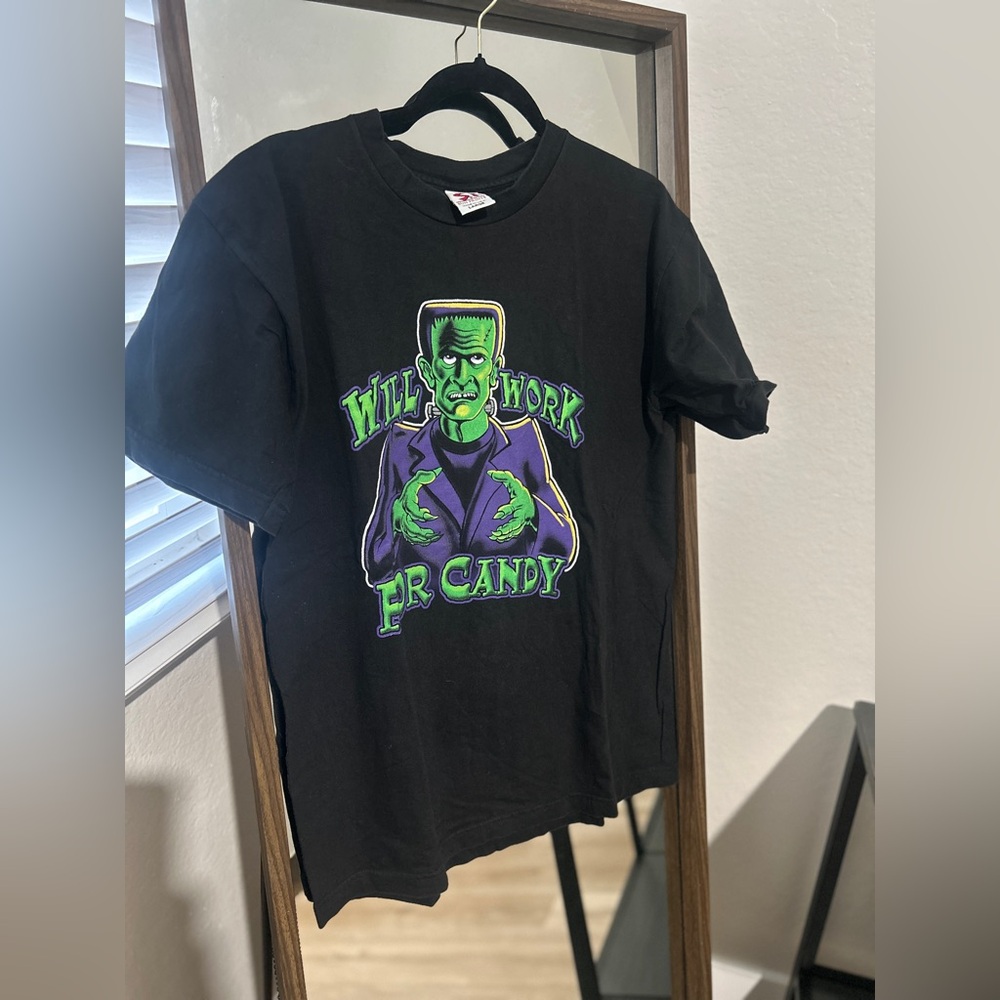 Vtg 90 Sun Prints T Shirt Frankenstein Halloween Will Work For Candy Black Large